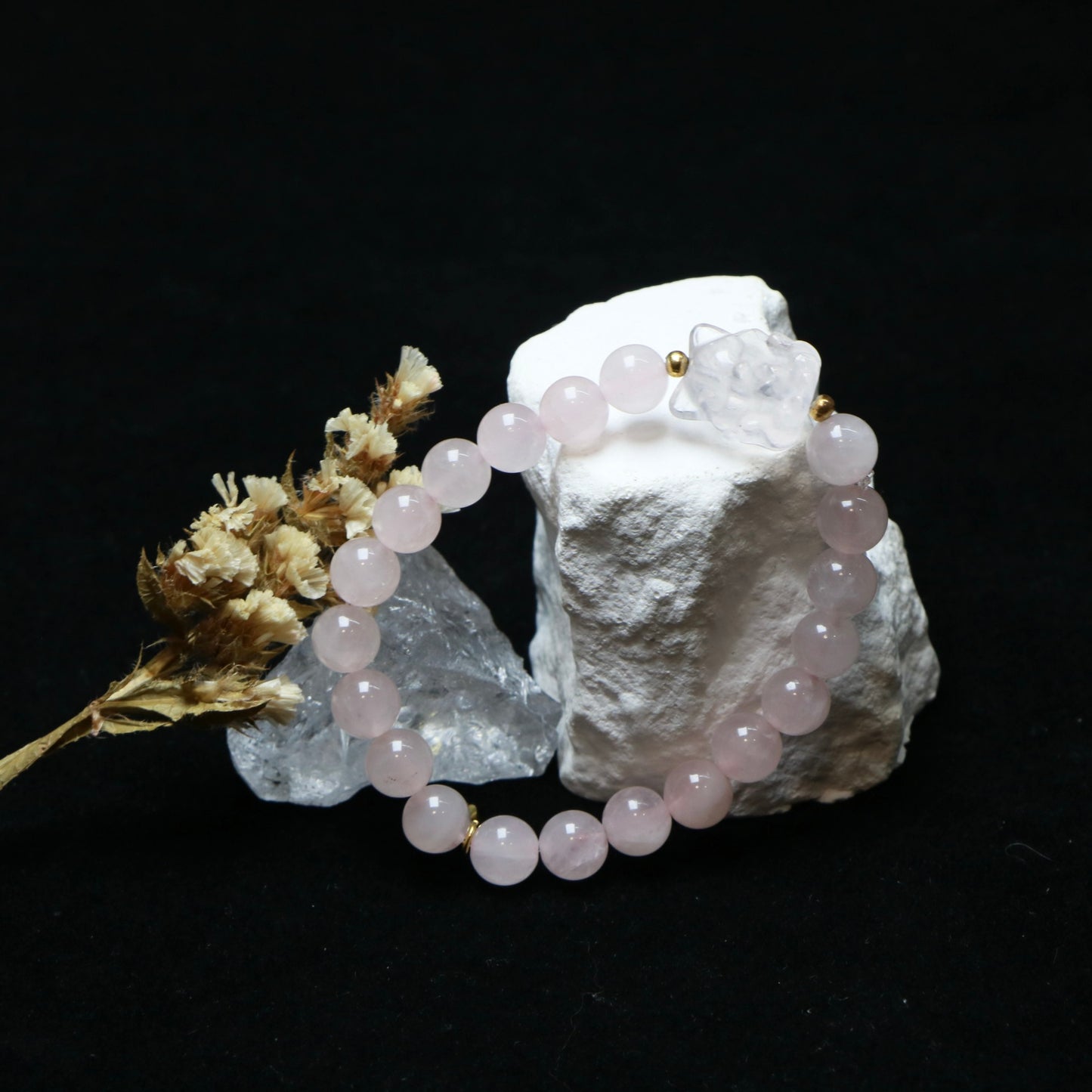 For Love:Pink Crystal and Silver Obsidian Bracelet Set