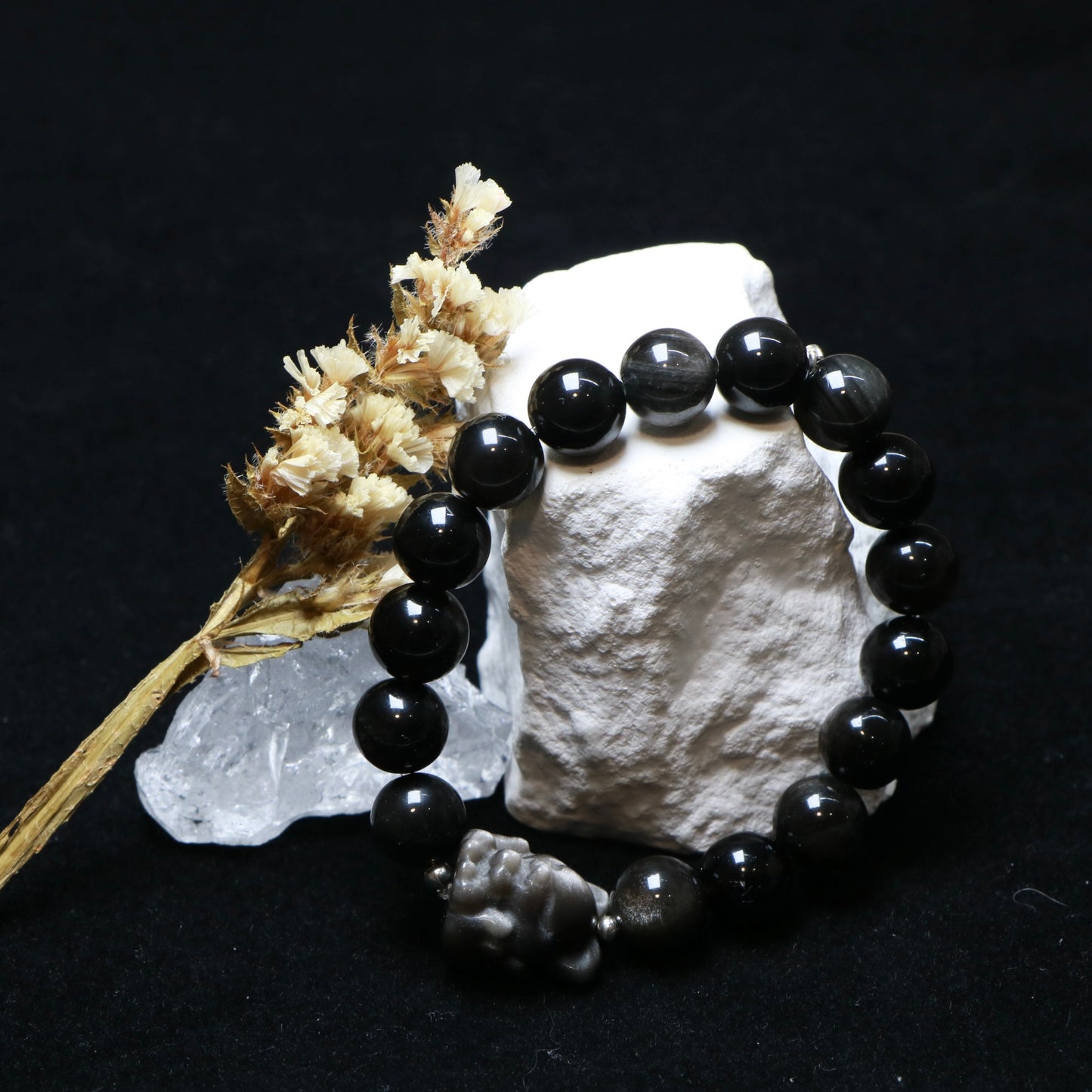 For Love:Pink Crystal and Silver Obsidian Bracelet Set