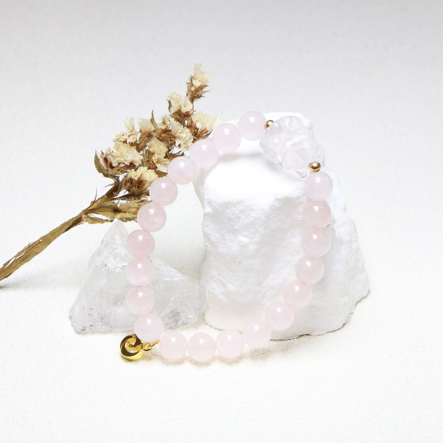 For Love：Pink Crystal and Silver Obsidian Bracelet Set