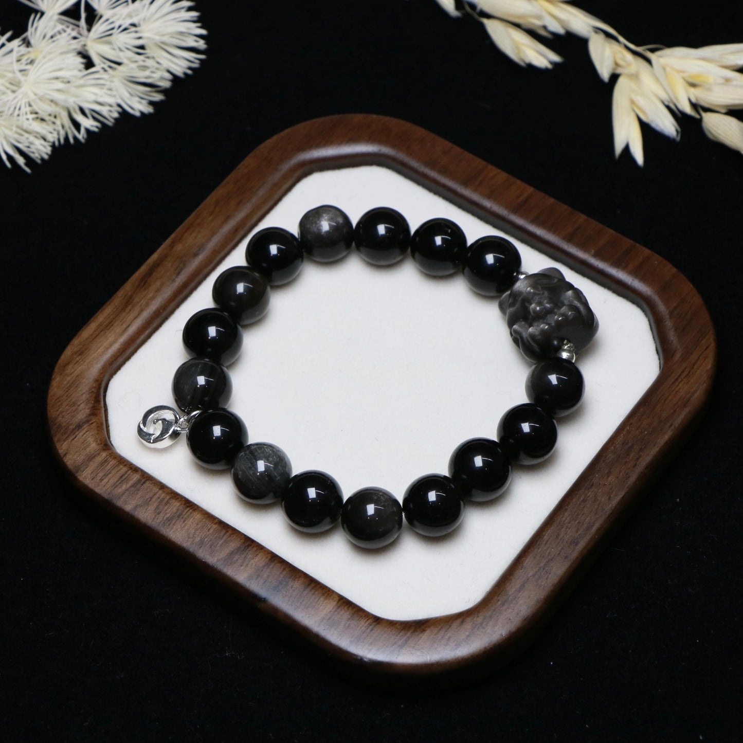 For Love：Pink Crystal and Silver Obsidian Bracelet Set